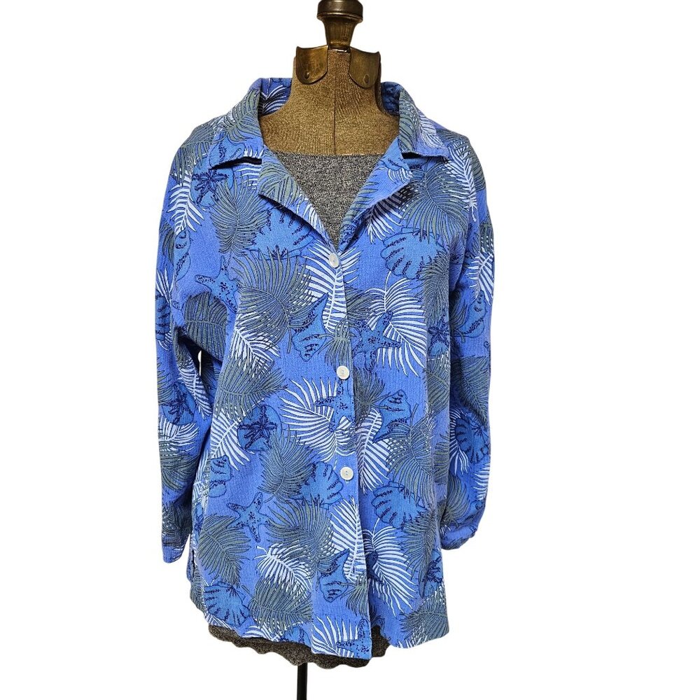 Icantoo Blouse Womens Size M Blue Tropical Print Button Up Shirt Top Cotton
